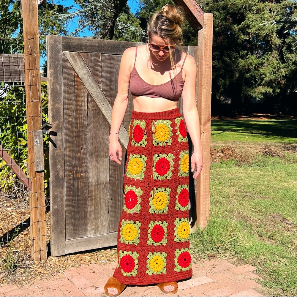Late 60's/Early 70's Hand Crochet Drawstring Granny Square Maxi Skirt